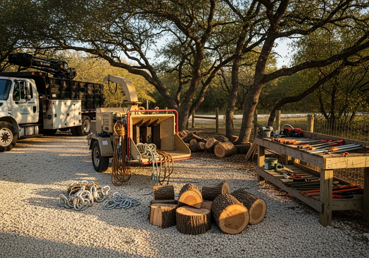 Professional tree service crew with equipment and tools ready for job site work in North Texas.