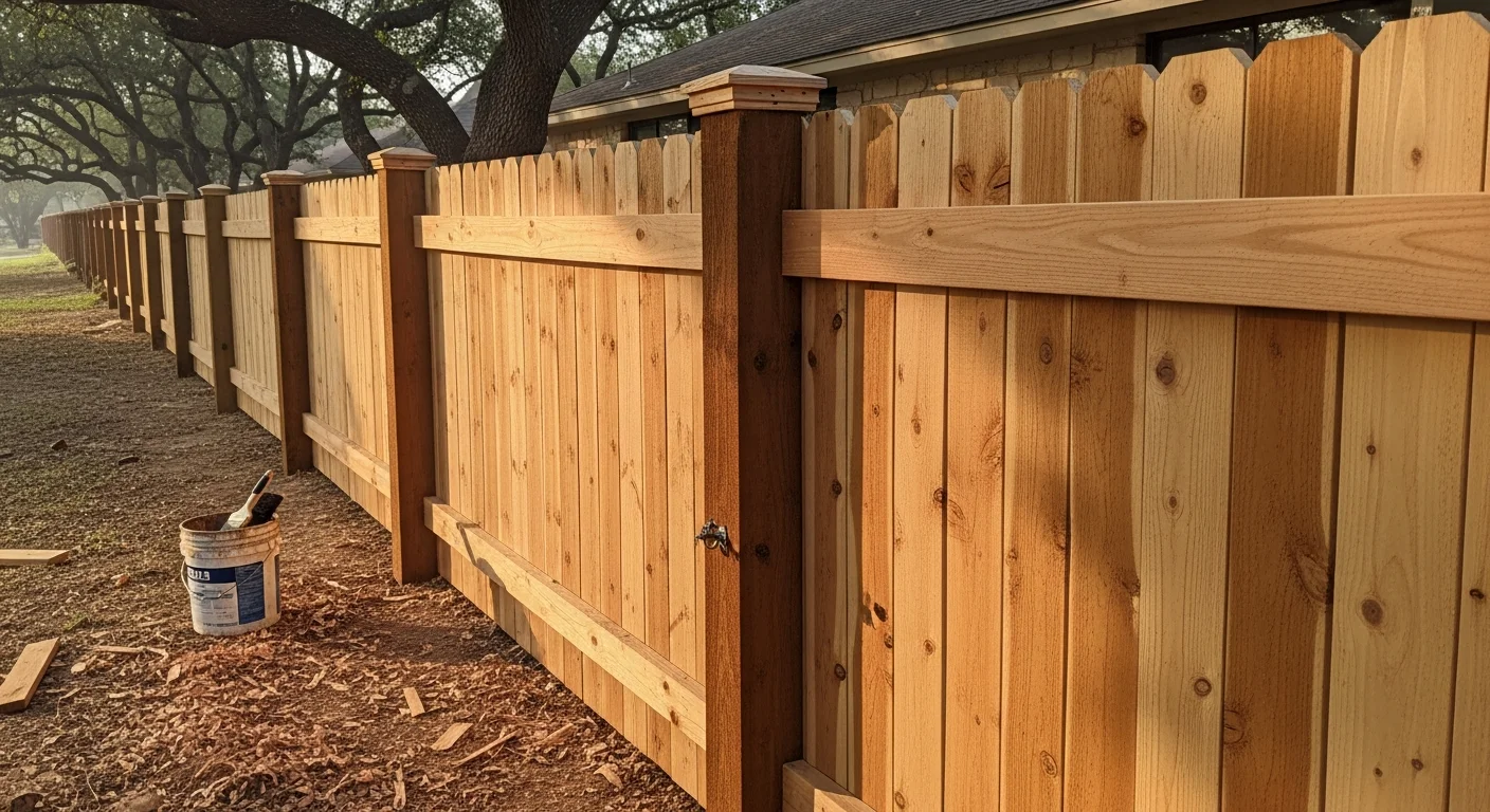 Newly constructed wooden deck attached to residential home