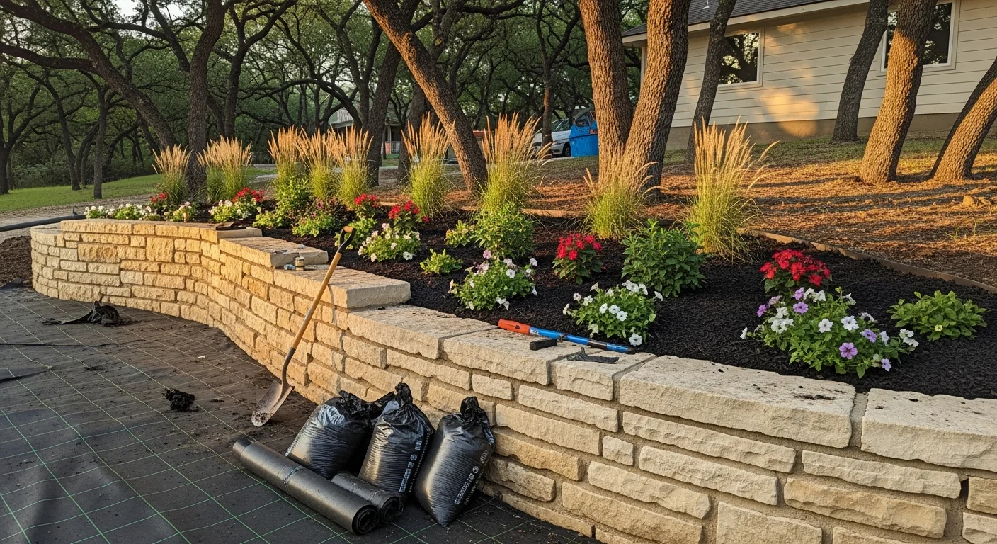 Newly installed flower beds and retaining wall in residential landscape