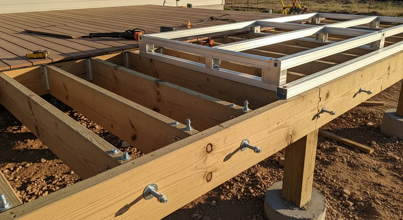 A newly built wood-framed backyard deck attached to a single-family home in Sanger, California, with railings and stairs leading to a dry grass yard. The deck structure shows exposed framing, post footings, and a flat decking surface under a clear Central Valley sky.