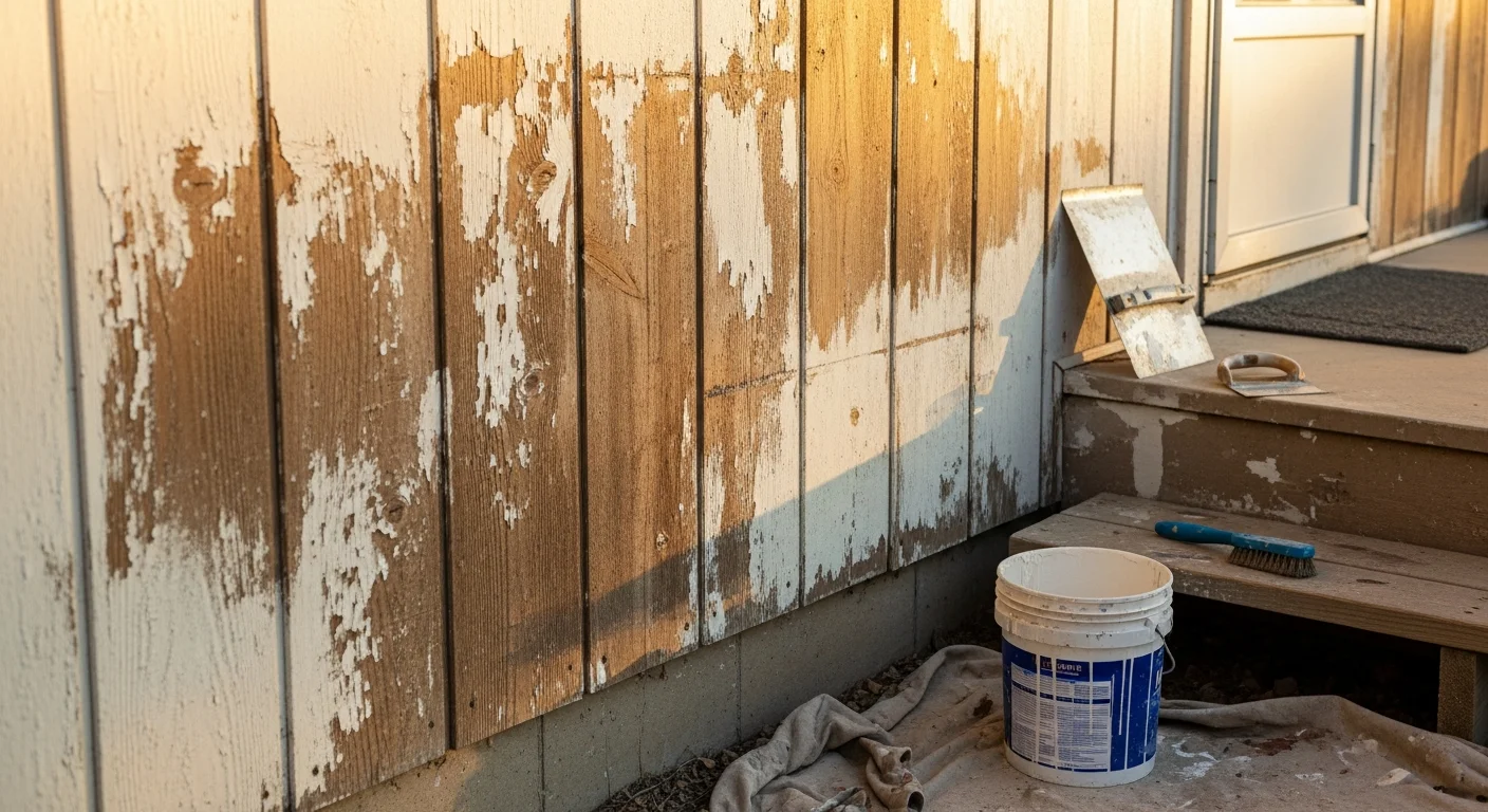 Freshly painted single-family home exterior in Sanger, CA, with clean stucco walls and painted trim under bright Central Valley sunlight. A Banegas Tree Service and Construction crew works on surface preparation along the front facade of a ranch-style Sanger residence.