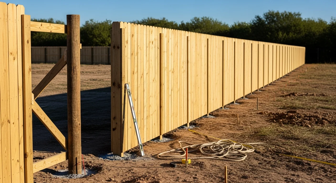A newly installed wood privacy fence along the backyard boundary of a single-family home in Sanger, CA, with a matching swing gate and concrete post footings visible at ground level. The fence runs along a flat residential lot under clear Central Valley sky.