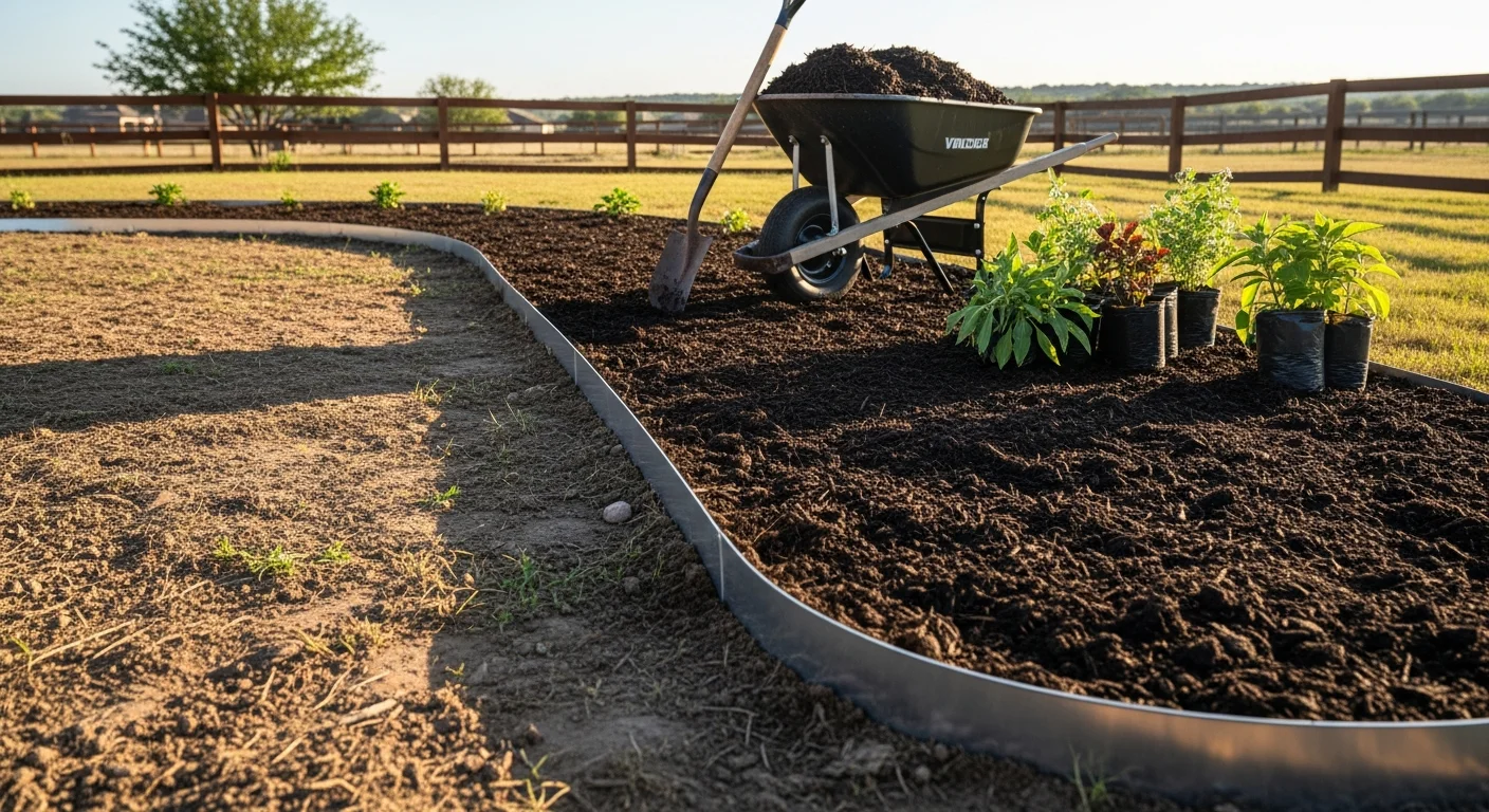 Freshly installed residential flower bed along the front walkway of a Sanger, California home, with defined edging, layered mulch, and heat-tolerant plants set against a stucco exterior. Close view shows clean bed borders and evenly spaced plantings on a sunny Central Valley property.