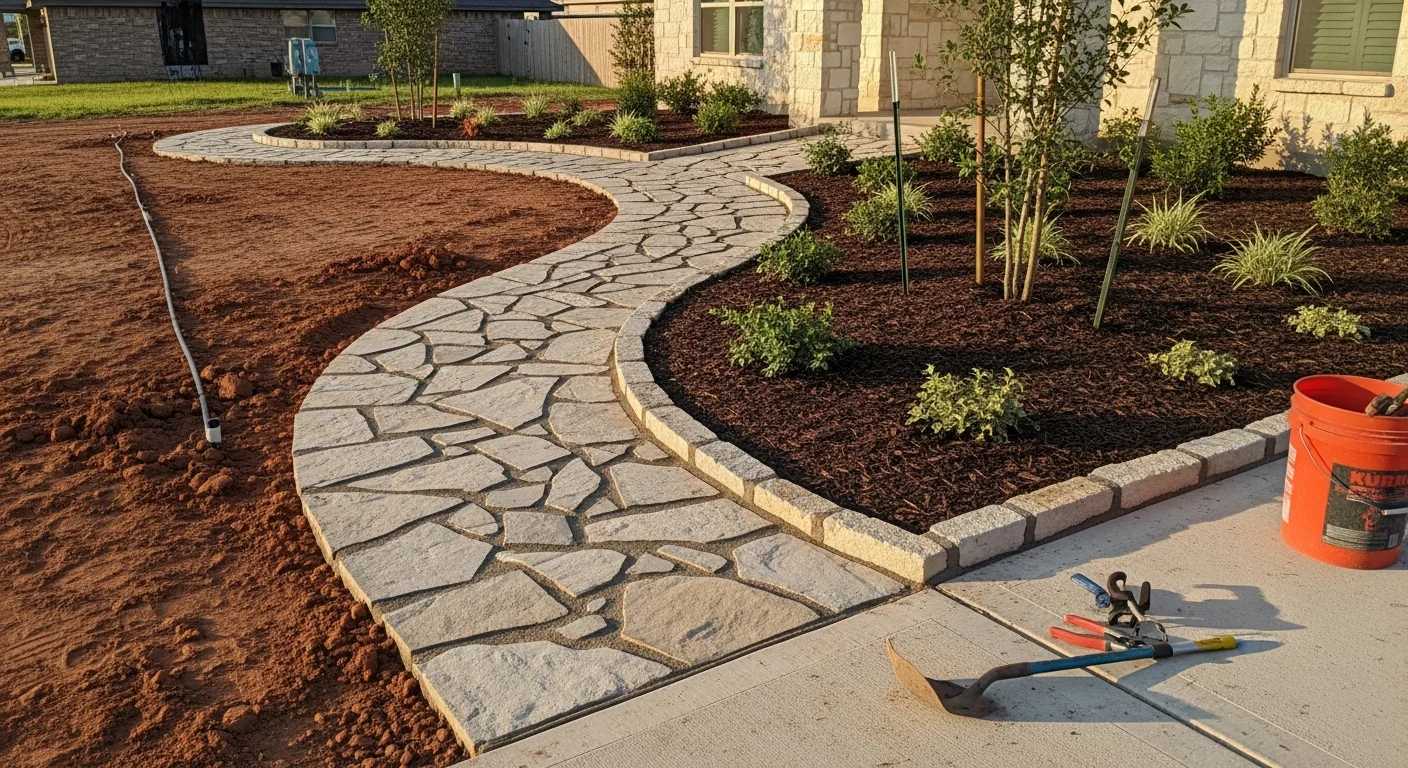 A redesigned front yard at a Sanger, CA residential property featuring drought-tolerant plantings, a defined walkway, and structured ground cover. The design reflects Central Valley climate conditions with low-water plants and clean hardscape borders.