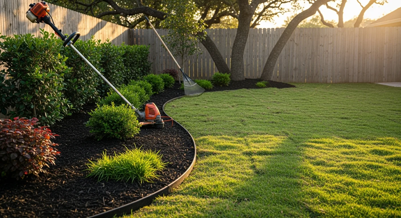A neatly mowed and edged residential front lawn in Sanger, California, with trimmed shrubs along the property line and clean garden bed borders. The yard shows consistent maintenance against a backdrop of a single-family home on a sunny Central Valley day.