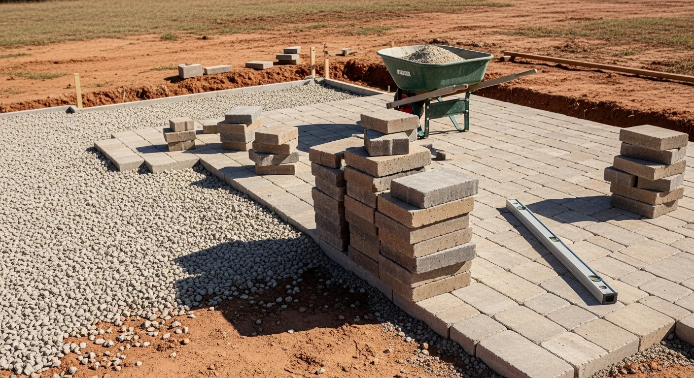 Finished concrete patio and stone walkway installed in the backyard of a single-family home in Sanger, California. The hardscape includes clean edge lines, a level surface, and a retaining wall along a sloped property edge.