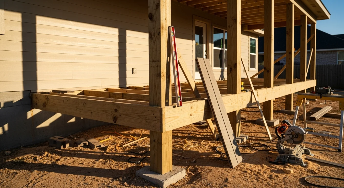 A newly constructed wood-framed front porch on a single-story residential home in Sanger, CA, with finished decking, support posts, and a railing along the front edge. The porch extends across the full width of the home's entrance under a covered roof section.