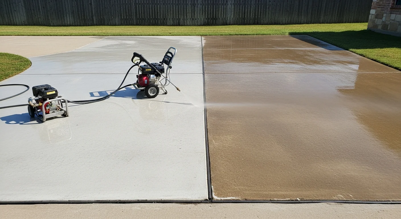 A concrete driveway in a Sanger, CA residential neighborhood being cleaned with a pressure washer, showing a clear line between the dirty and freshly washed surface. Agricultural dust and dark staining are visible on the uncleaned side, while the washed side shows bright, restored concrete.