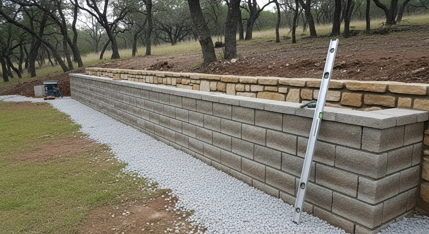 A finished block retaining wall on a sloped residential backyard in Sanger, California, with compacted gravel base visible at the base and level soil retained behind the wall. The surrounding yard shows Central Valley clay soil and dry summer ground conditions typical of the San Joaquin Valley.