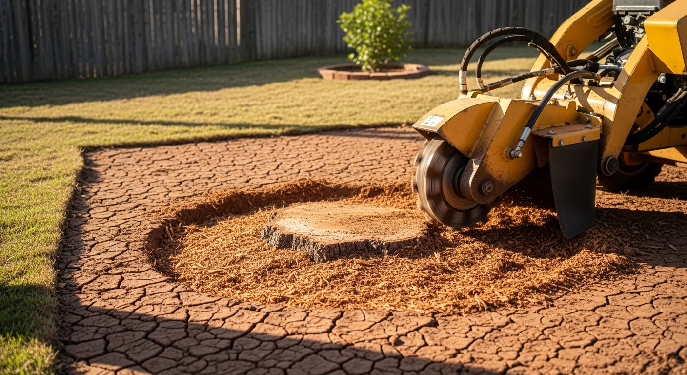 A freshly ground tree stump in a Sanger, California residential yard, with a flat wood chip-filled depression where the stump once stood. The surrounding lawn and soil are undisturbed, showing a clean result ready for replanting or landscaping.