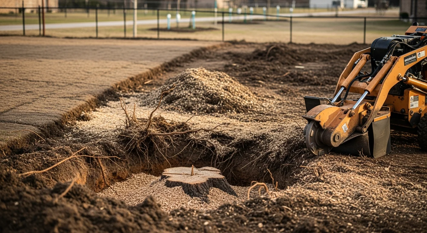 A freshly ground tree stump in a Sanger, CA residential backyard, with wood chips spread across the cleared area and a level soil surface ready for landscaping. The surrounding lawn and wood fence typical of a Central Valley home are visible in the background.