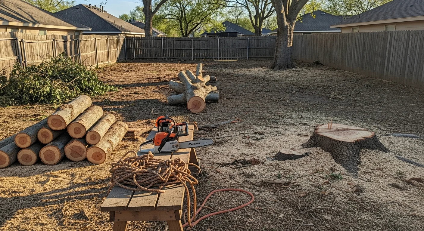 A large tree being sectionally removed in a residential backyard in Sanger, California, with cut wood sections on the ground and a cleared yard visible in the background. A crew member in safety gear works near the base of the remaining trunk.